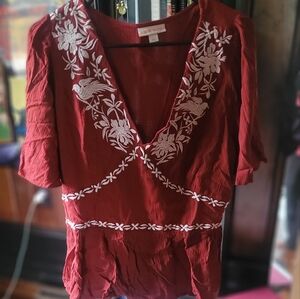 Knox Rose Burgundy Blouse with White Embroidery